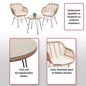 3-teilige Poly-Rattan Garnitur in Anthrazit mit Tisch und Sesseln inklusive Kissen.