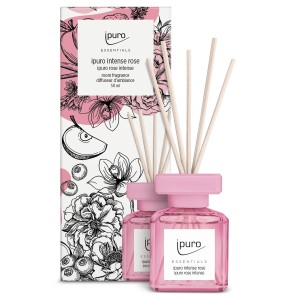 Ipuro Raumduft Intense Rose, 50ml, mit Duftstäbchen und floraler Verpackung.