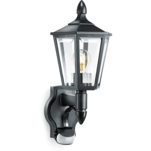 Schwarze Steinel Außenwandleuchte L 15 S mit Bewegungsmelder und E27 Fassung.