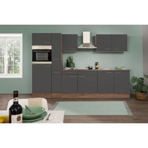 Respekta Küchenzeile KB300EYG, 300 cm, Grau Seidenglanz mit Eiche York Dekor, inklusive E-Geräte.