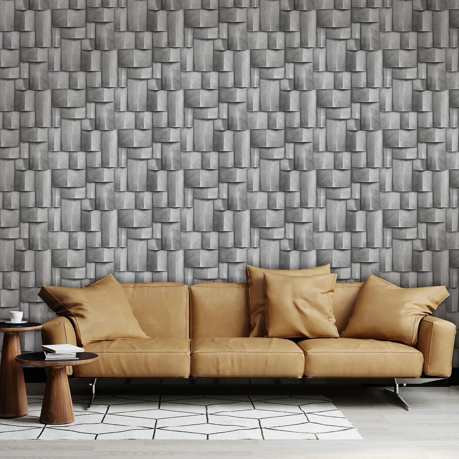 Wohnzimmer mit grauer Marburg Vliestapete in 3D-Optik, grafisch und modern.