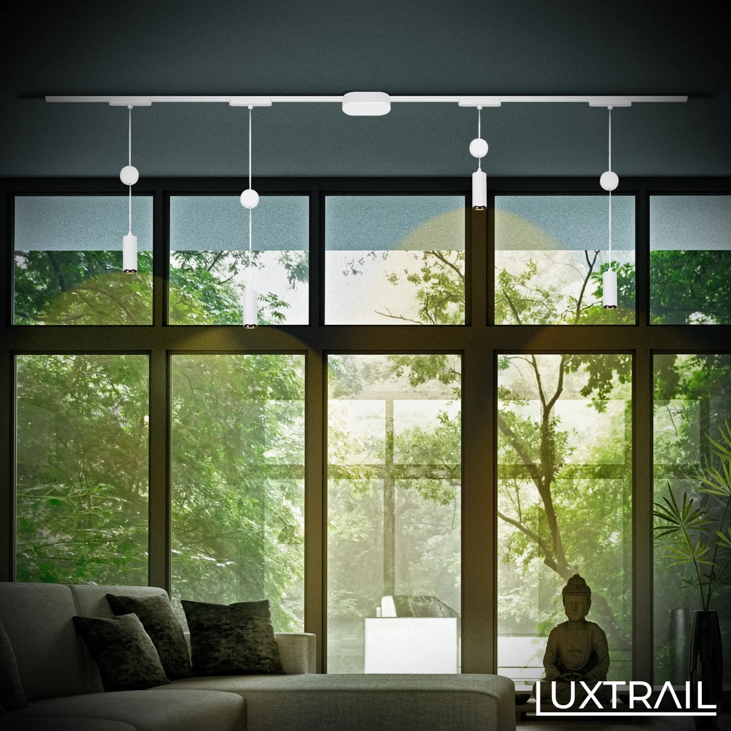 Weiße Brilo Luxtrail LED Pendelleuchten an Schienensystem vor Fensterfront. Höhenverstellbar, warmweiß.