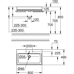 Technische Zeichnung: Grohe Cube Aufsatzwaschbecken, 80 cm, Alpinweiß, Maße und Anschlüsse für Installation.
