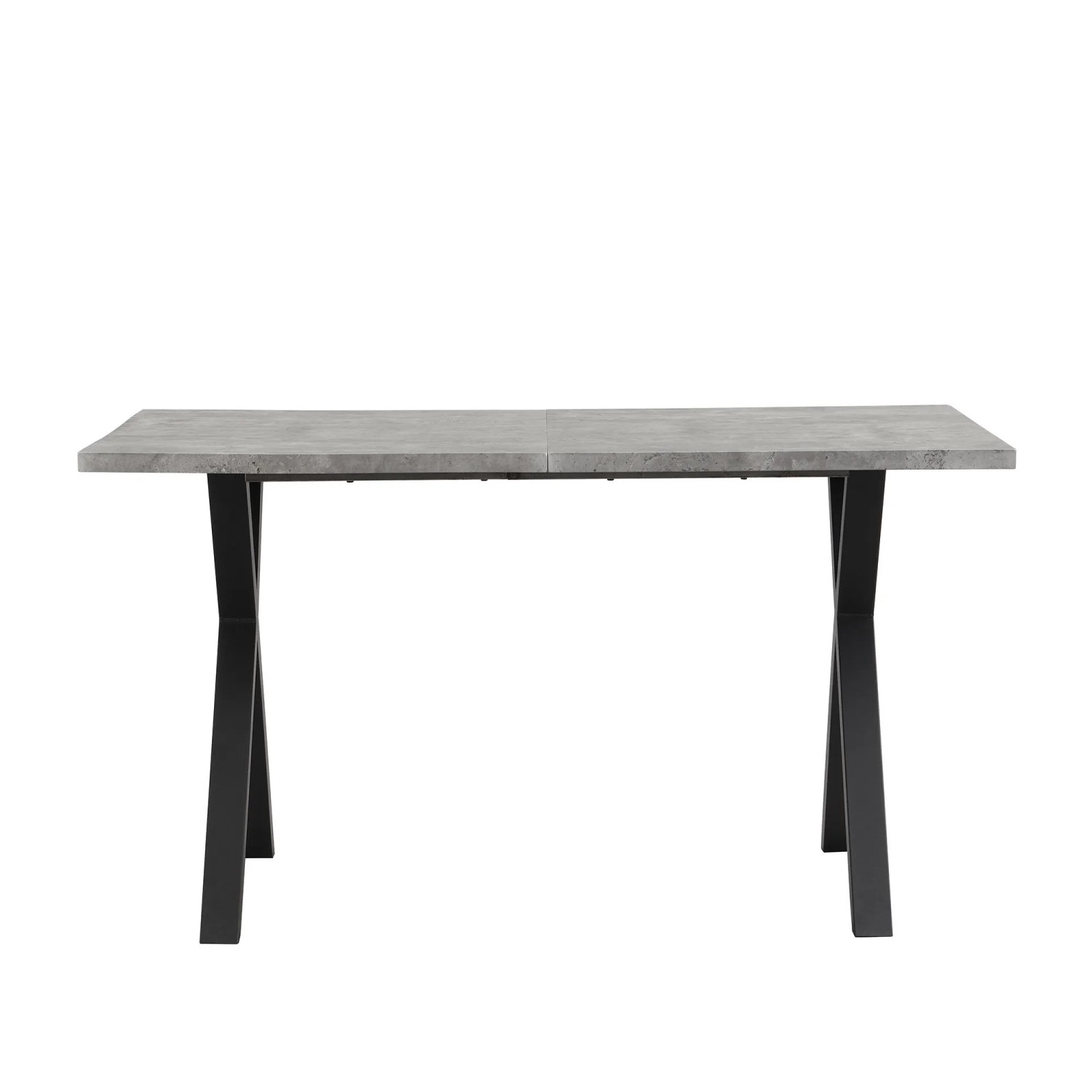 Grauer rechteckiger Esstisch mit Betonoptik und schwarzen X-Metallbeinen. Moderner Couchtisch für Wohnbereich.