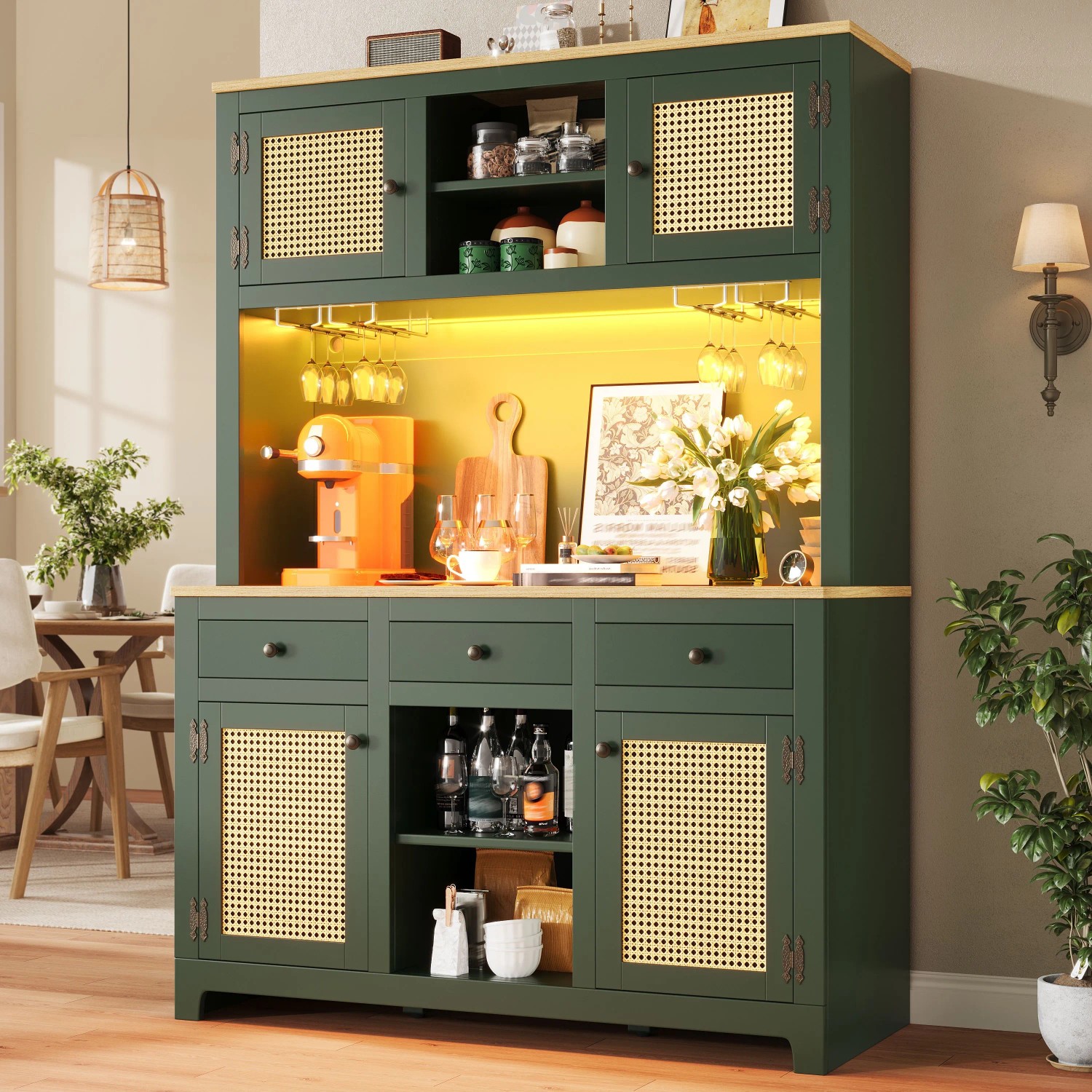 okwish Hochschrank mit LED Lichtsystem Rattan Kippsicherung Küche 120x40x180cm Grün_6