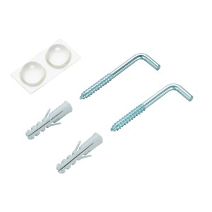 Spiegel-Aufhängeset mit Haken, Dübeln und Abstandshaltern für einfache Montage.