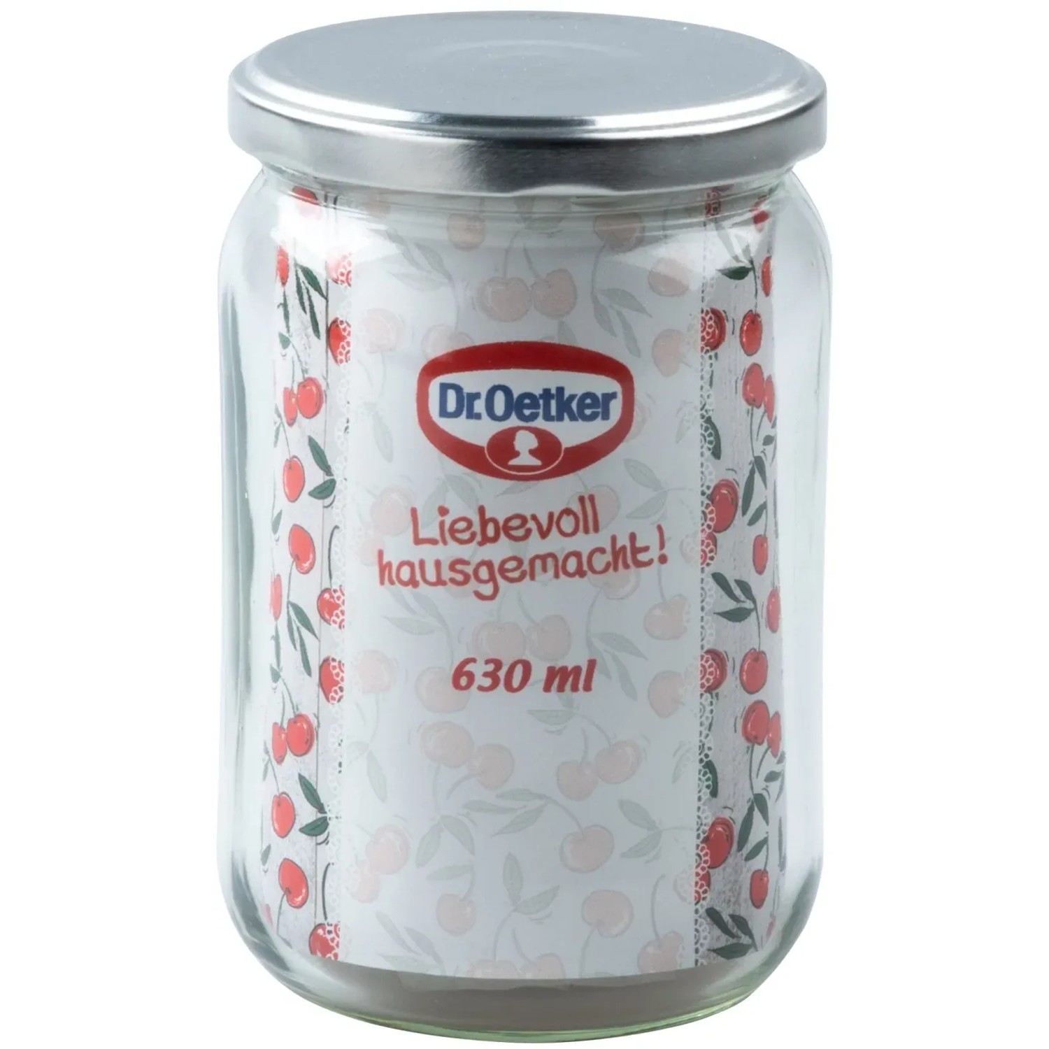 Dr. Oetker Einmachglas, 630 ml, transparent mit silbernem Deckel, für Küchenhelfer.