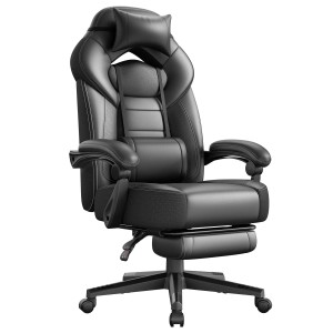Schwarzer Songmics Gaming-Stuhl Cathy mit Fußstütze und Kopfkissen.