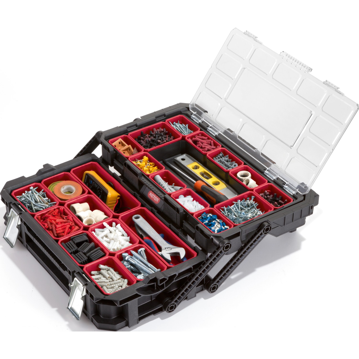 Offener Keter Connect Cantilever Organizer mit Werkzeug und Kleinteilen in roten Fächern.