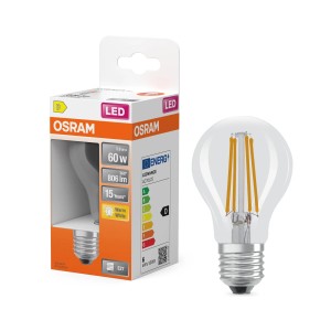 Osram LED-Lampe E27 in Glühlampenform, 5,9W, 806 Lumen, warmweiß, klar.