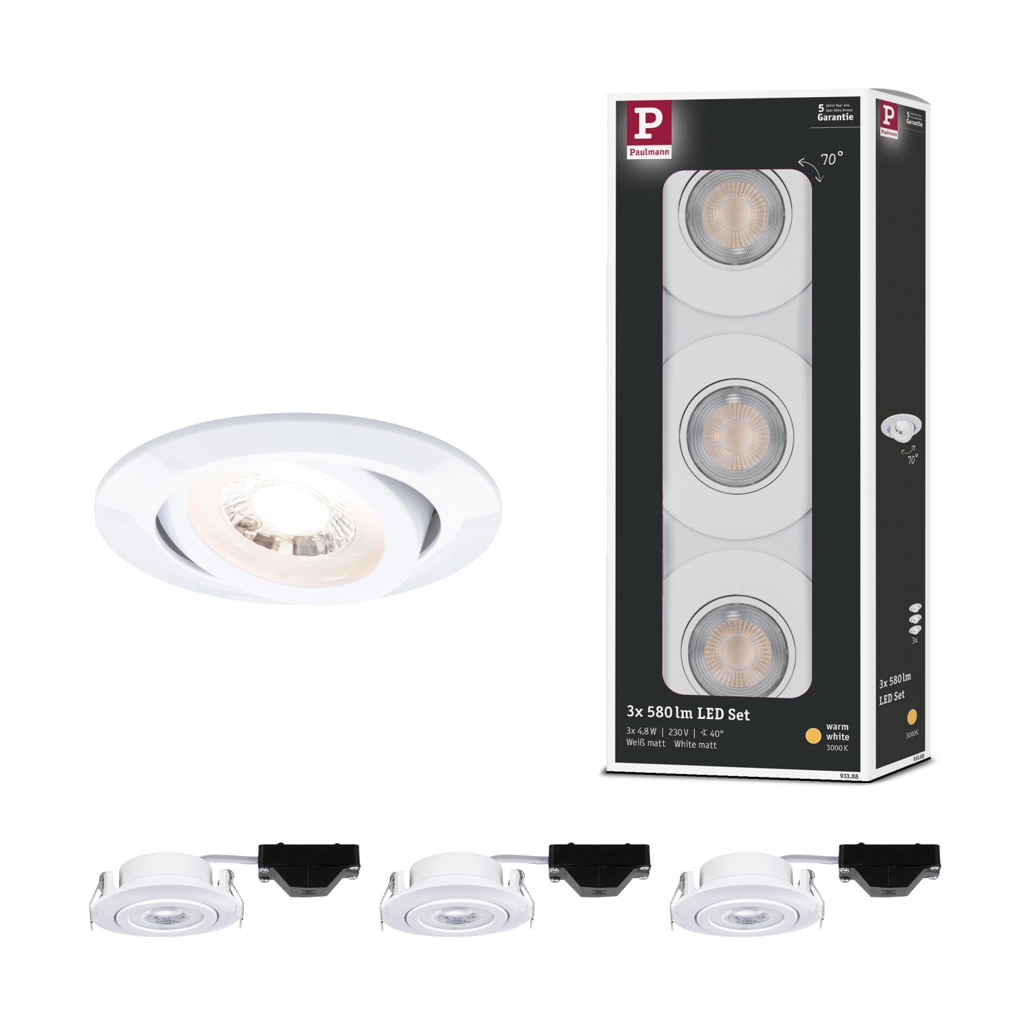 Paulmann LED-Einbaustrahler 3er Set, weiß, schwenkbar. Deckenleuchte mit warmweißem Licht.