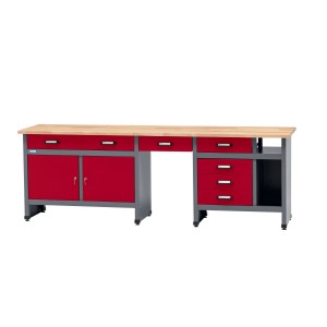 Küpper Werkbank in Dunkelrot mit 6 Schubladen, 2 Türen und Sitzraum. Robuste Arbeitsplatte.