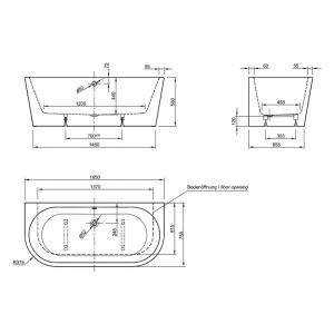 Technische Maßzeichnung der Ottofond Badewanne Modena XS, oval, 165x75 cm. Zeigt detaillierte Abmessungen und Anschlüsse.