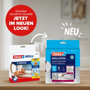 Zwei tesa P-Profile-Gummidichtungen, weiß, 25m, für Tür- & Fensterdichtungen. Zeigt altes und neues Verpackungsdesign.