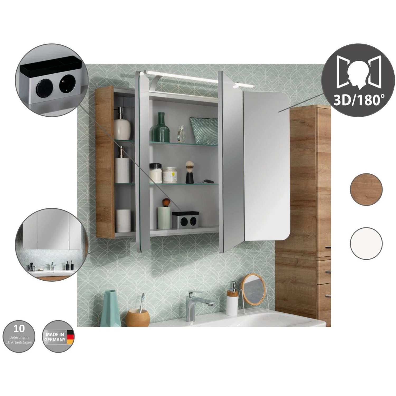 Fackelmann Spiegelschrank, 90 cm, Weiß, mit 3 Türen und Softclose. Badezimmerschrank mit Stauraum.