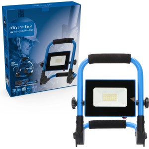 LED-Akku-Arbeitsleuchte mit blauem Rahmen, kompakt, faltbar und wiederaufladbar.