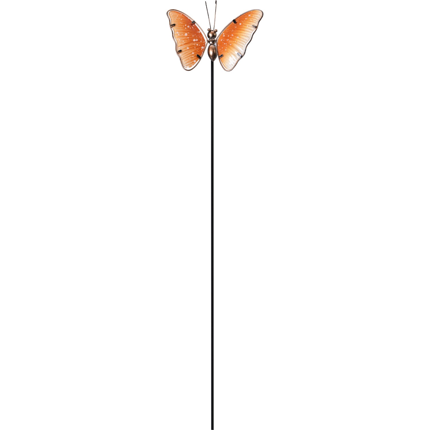 Gartenstecker Schmetterling, orange, 95 cm, aus Metall und Glas für Gartendekoration.