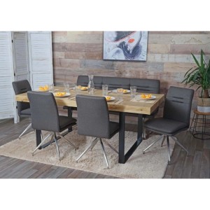 Esszimmer-Set: Tisch aus Holz mit 4 Stühlen und Bank in Grau-Braun, 160 cm breit.