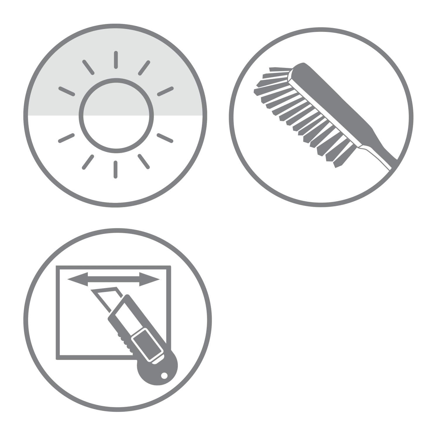 Symbole für lichtdurchlässiges Rollo, Reinigung und Kürzfunktion.