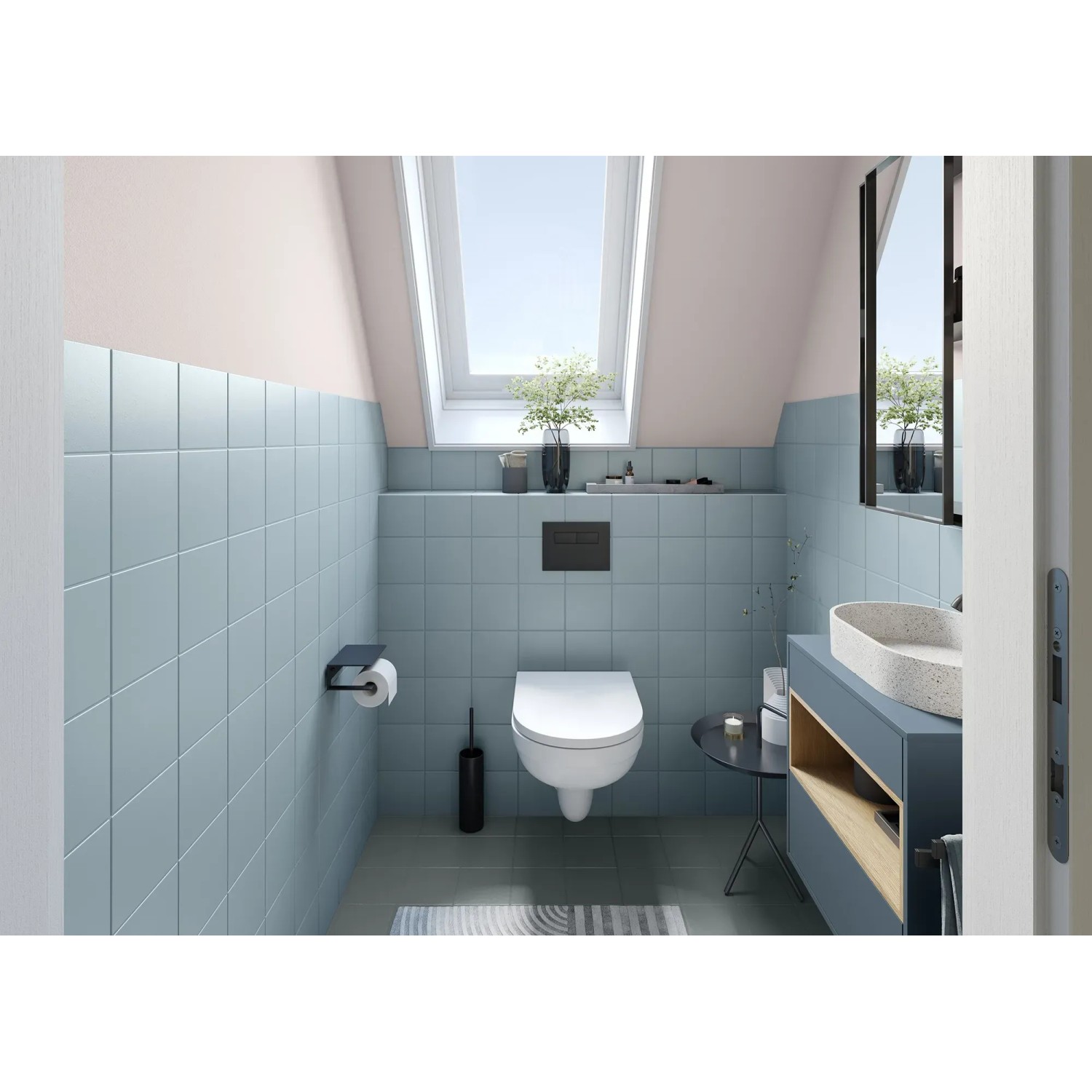 Badezimmer mit blauem Fliesenlack „Nordsee“ von Alpina, seidenmatte Oberfläche, moderne Optik.