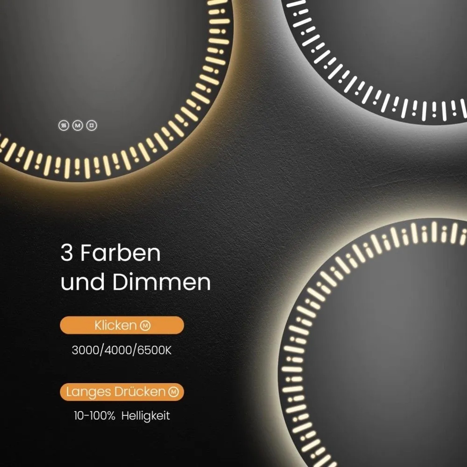 Runder LED Badspiegel: Dimmbare Beleuchtung in 3 Lichtfarben (warm, neutral, kalt) per Touchschalter einstellbar.