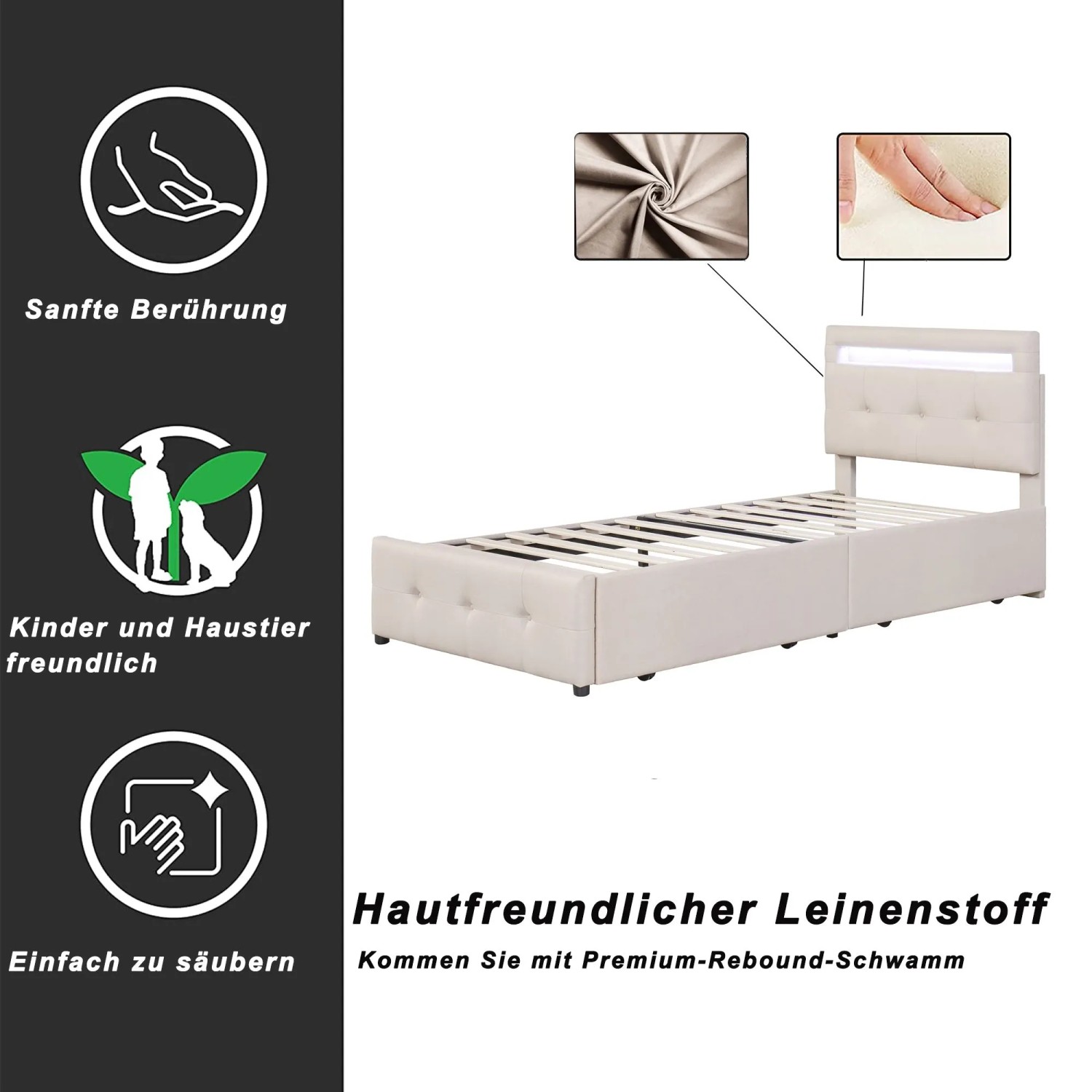okwish Polsterbett 90x200cm mit LED Leuchten Kinderzimmer Beige ohne Matratze_8