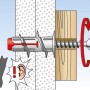 Illustration: Fischer Duoblade Gipskartondübel in Anwendung mit Schraube in Wand und Holz.