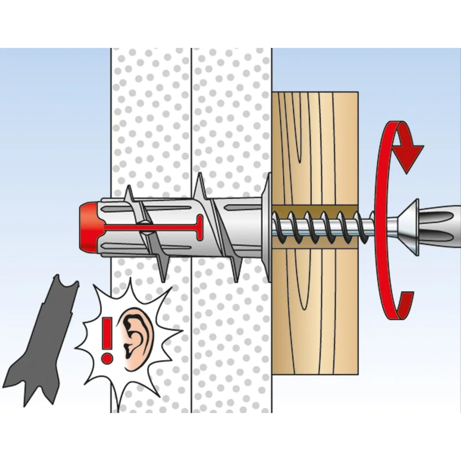 Illustration: Fischer Duoblade Gipskartondübel in Anwendung mit Schraube in Wand und Holz.