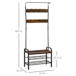 Eleganter HOMCOM Garderobenständer aus schwarzem Metall und Holz-MDF. Mit 8 Haken, Sitzbank und 2 Schuhablagen für den Flur.