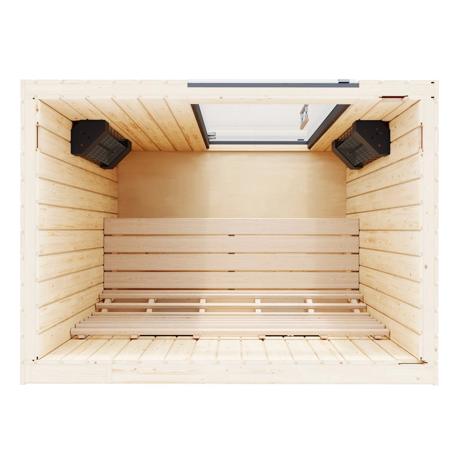 Innenansicht der Weka Infrarotkabine Tanilla 2 mit Linienstrahlern und Sitzbank aus hellem Holz.
