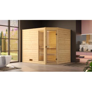 Weka Massivholzsauna Valida Eck mit Glastür und Fenster, 7,5 kW Ofen im Sparset. Naturbelassenes Fichtenholz.