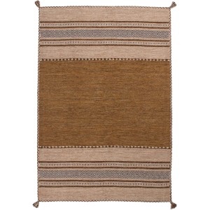 Brauner Wollteppich Morena 200x290 cm mit Ethno-Muster und Fransen.