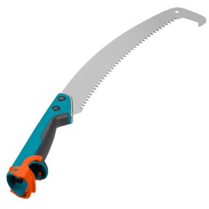 Gardena combisystem Gartensäge 300 P gebogen, mit blau-grauem Griff und gebogenem Sägeblatt.