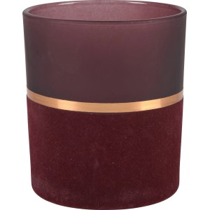 Beerefarbener Teelichthalter Blush Bordeaux aus Glas mit Samt und Goldbordüre, 10 cm hoch.
