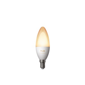 Philips Hue E14 LED Leuchtmittel Kerzenform, warmweiß leuchtend, weißer Sockel. Einstellbares Smart Home Licht.