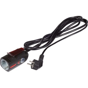 Schwarzes Verlängerungskabel mit Magnet, Clip und Schalter für Geräte im Haushalt und Werkstatt.