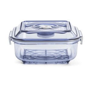 Eckiger Magic Vac Vakuumierbehälter Executive Line, 2,5 l, transparent mit blauem Deckel.