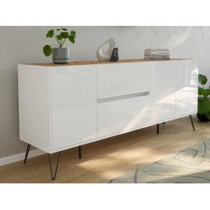 Posseik Sideboard Industrial I, 180 cm, weiß mit Eiche Top, 2 Schubladen und 3 Türen.