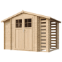 Timbela Holz-Gartenhaus M389F, beige-braun, mit Doppeltür und seitlicher Holzlagerung.