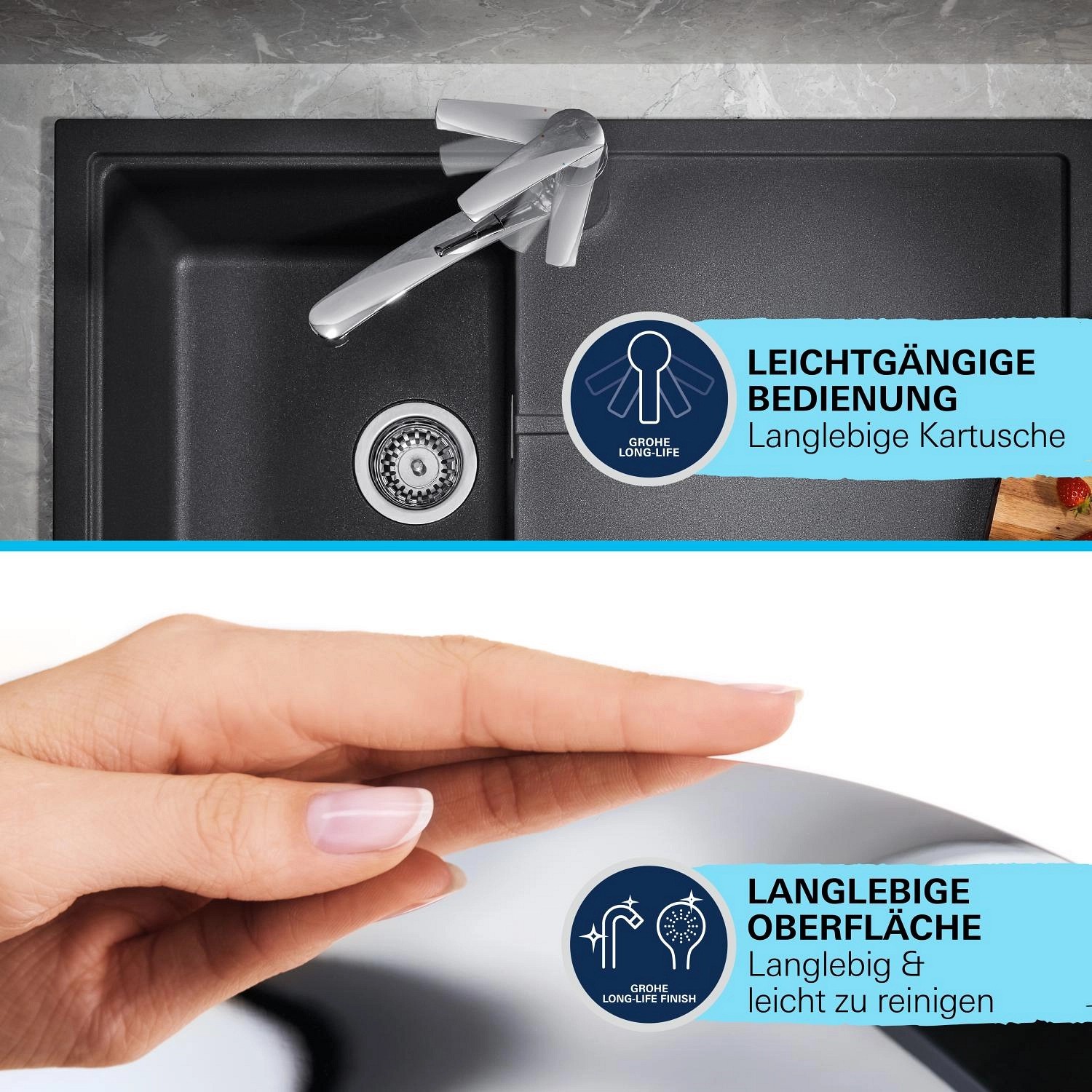 Detailaufnahme: Grohe QuickFix Start Eco Spültischarmatur, Chrom, mit Hinweisen zur Langlebigkeit.