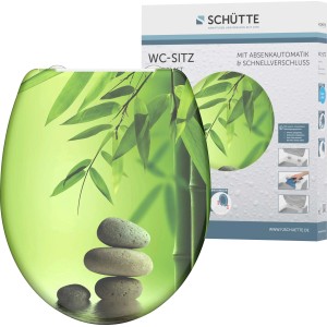 Schütte WC-Sitz Green Garden Duroplast mit Bambus- und Stein-Motiv, Absenkautomatik und Schnellverschluss.