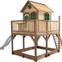 Axi Liam Spielhaus aus Holz mit Rutsche, Leiter und Sandkasten, braun-grün-weiß, 255x377x291 cm.