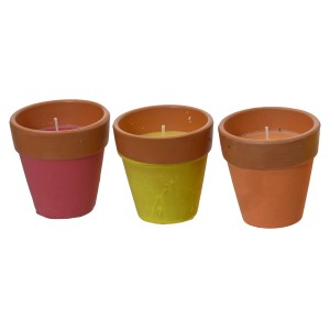Citronella Kerzen im Topf, 3-fach sortiert in Rosa, Gelb und Orange. Duftkerzen für den Garten.