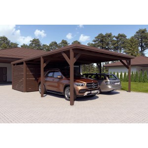 Holzbrüder Doppelcarport Ralf mit Geräteraum, graubraun, mit zwei parkenden Autos.