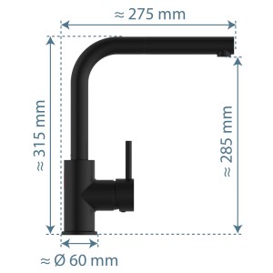 Abbildung der Schütte Sensor-Spültischarmatur Vital, Schwarz Matt, mit Maßen. Einhebelmischer mit herausziehbarem Auslauf.