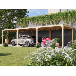 Karibu Pavillon Set Fyrkant, naturbelassen, mit Auto und Motorrad untergestellt.