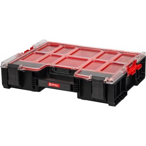 Qbrick System Organizer Pro 300 Werkzeugkoffer mit 8 Boxen, transparentem Deckel und Tragegriff.
