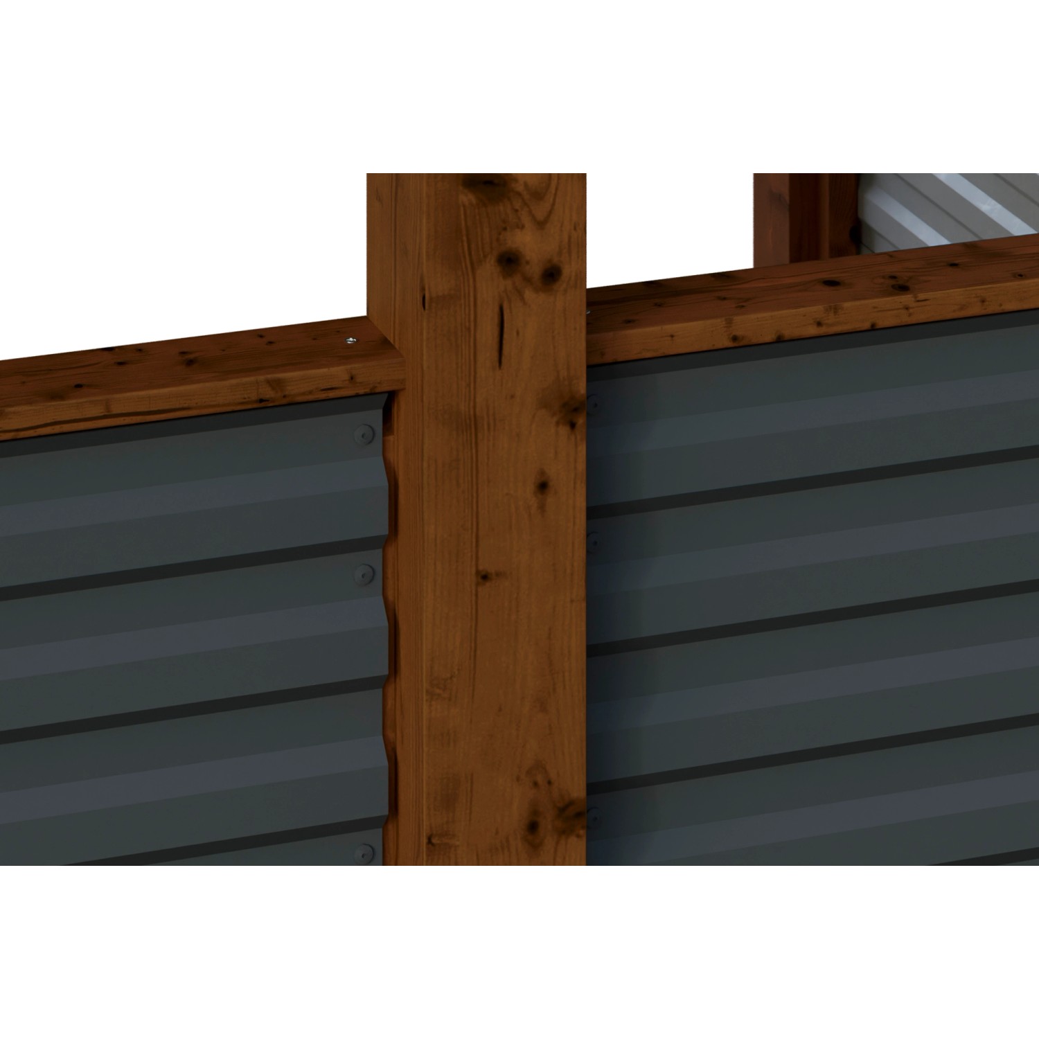 Detailansicht Skan Holz Carport Friesland Hybrid Nussbaum: Pfosten, Wand aus Aluminium-Trapezprofilen.