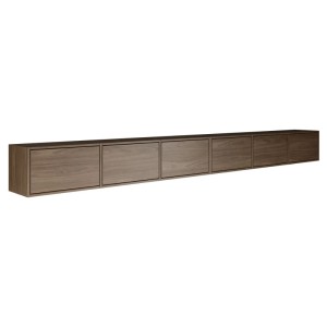 Selsey Framme TV-Hängeboard 300 cm in Walnuss-Holzoptik. Wandmontiertes, griffloses Lowboard mit 6 Klappen.