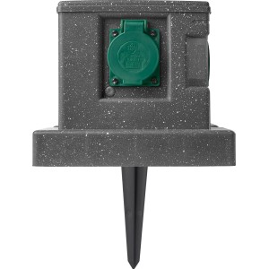 Gartensteckdose in Steinoptik mit 4 Steckdosen und Erdspieß für den Außenbereich.